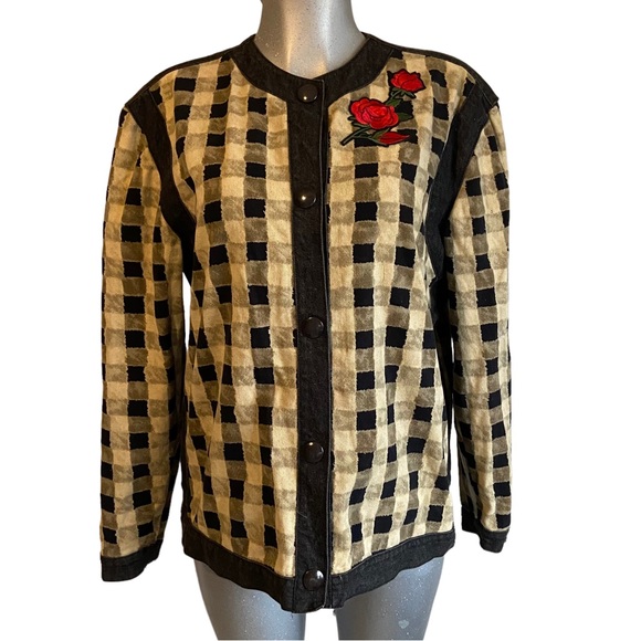Checkered Shacket Jacket Shirt Rose Flower Embroidery Snap Button Down Gingham - Picture 1 of 11